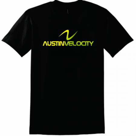 Black t-shirt displaying a neon yellow-green 'AUSTIN VELOCITY' logo with a curved swoosh above the text (front view).