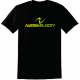 Black t-shirt displaying a neon yellow-green 'AUSTIN VELOCITY' logo with a curved swoosh above the text (front view).